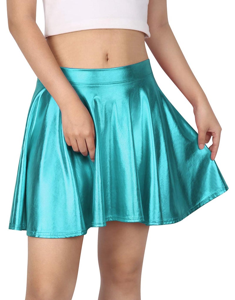 HDE Women's Solid Color Metallic Flared Pleated Club Skater Skirt Teal - S - Image 1